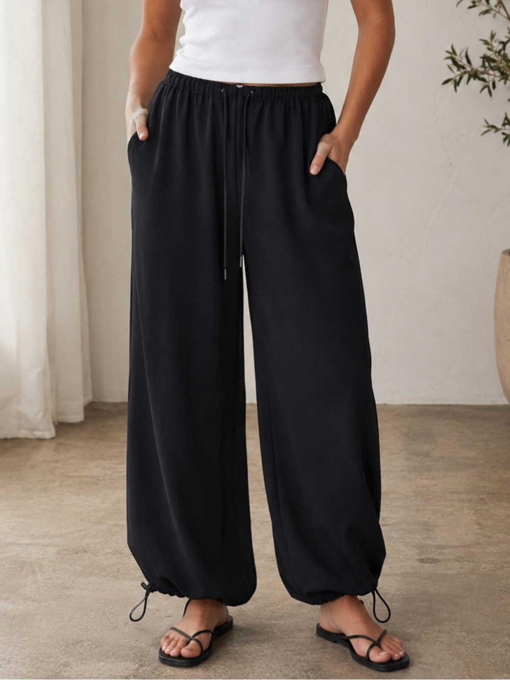 Aritzia Wilfred Black Wide-Leg Drawstring Pants